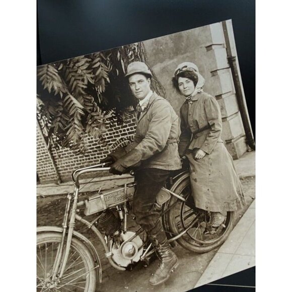 Antique Photo Early 1900s Harley Davidson With Riders Couple 8”x10” - Picture 2 of 6